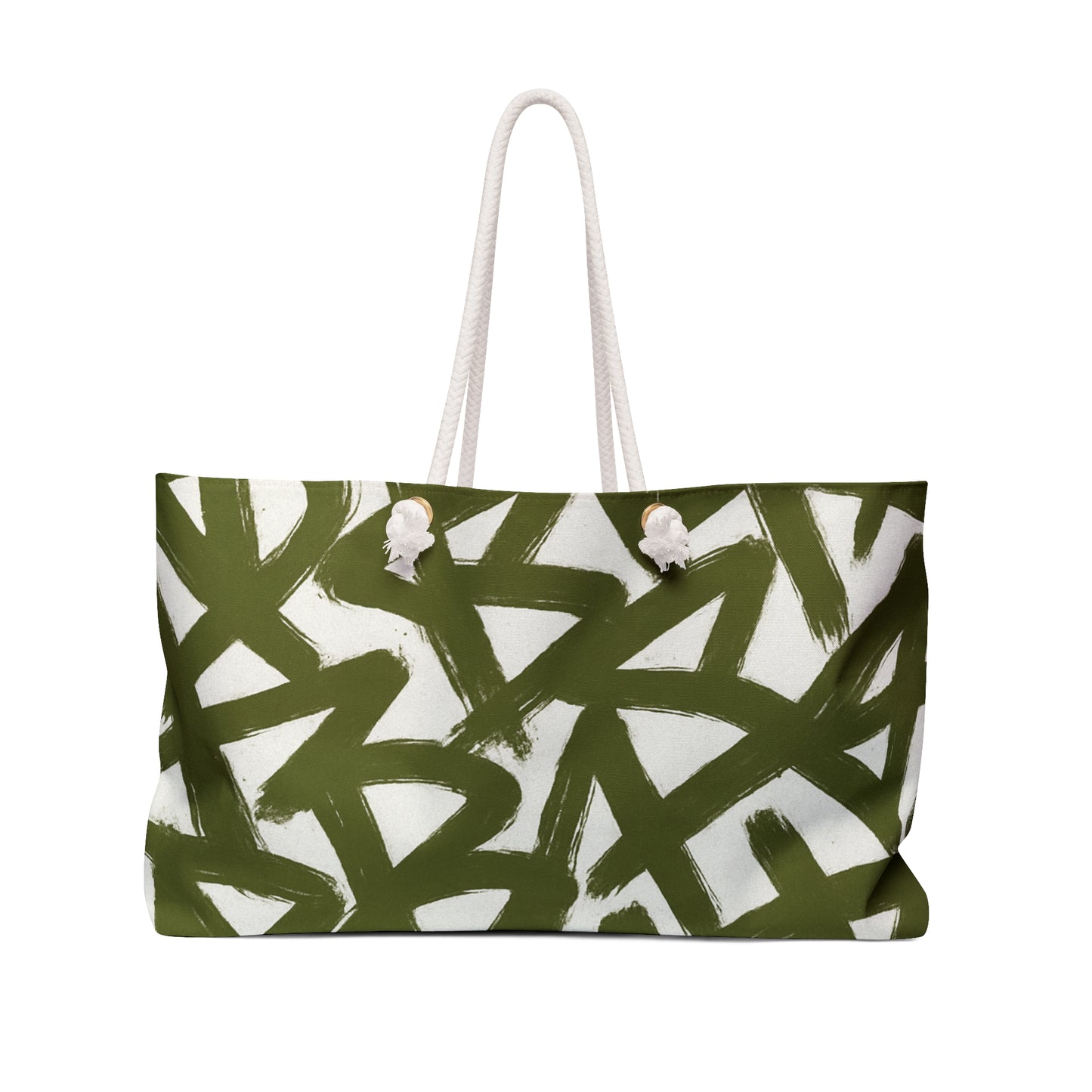 Tote bag with green and white abstract pattern on a white background