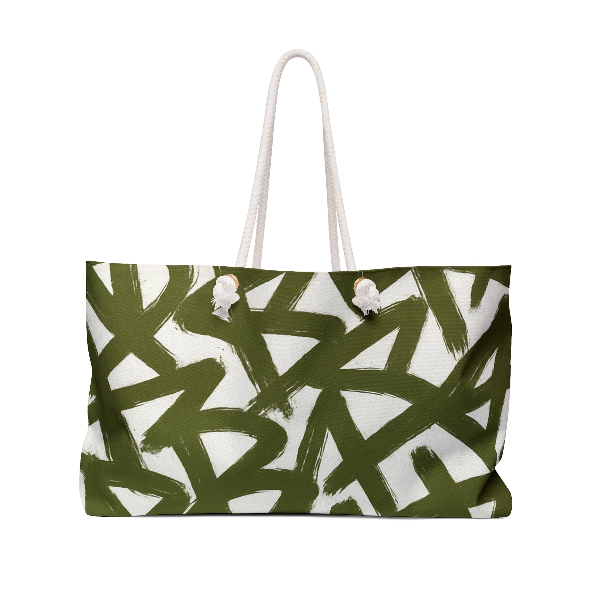 Tote bag with green and white abstract pattern on a white background