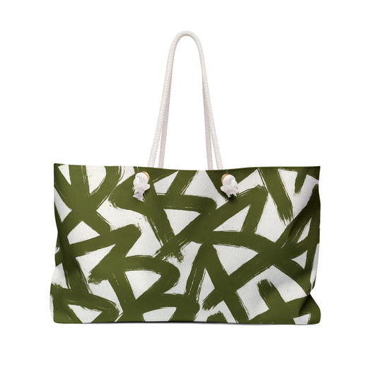 Tote bag with green and white abstract pattern on a white background