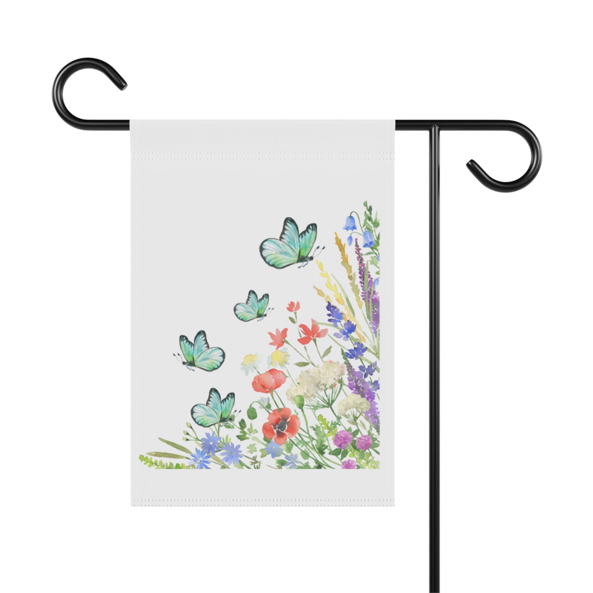 Garden flag with butterflies and flowers on a white background