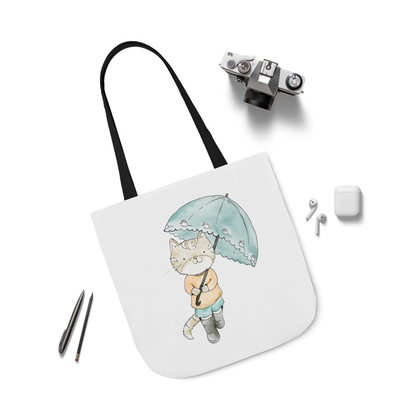 Cat Lover Tote Bag Cute Kitty with Umbrella Rain Boots Cat Lover Eco Tote Bag