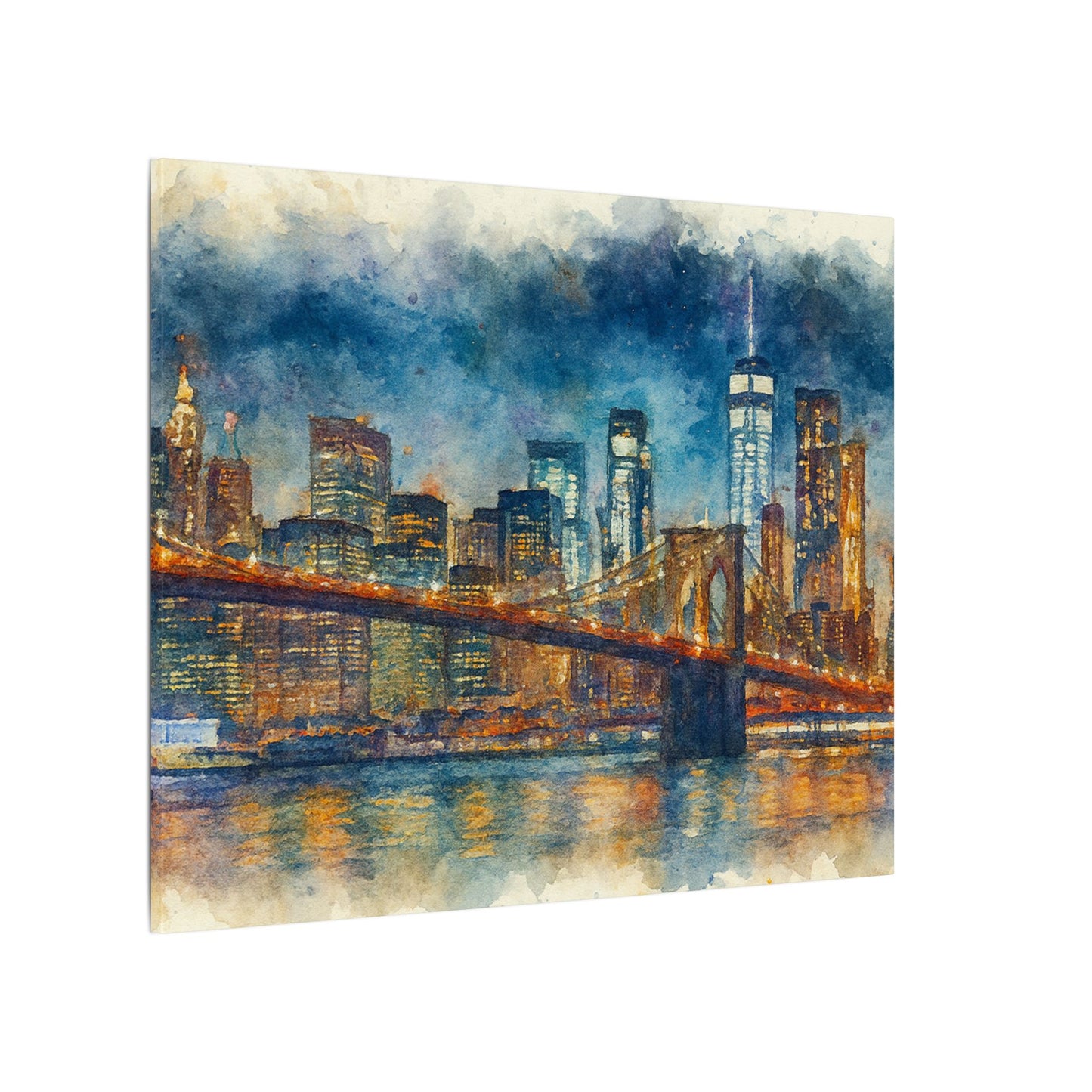 NYC Skyline Watercolor Art Print, Brooklyn Bridge Night Painting, New York City Wall Decor, Skyline Canvas Print, Urban Landscape