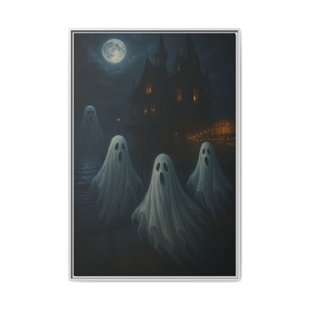 Haunted House Ghost Canvas Wall Art – Spooky Halloween Framed Art, Vintage Horror Decor, Gothic Night Scene Print