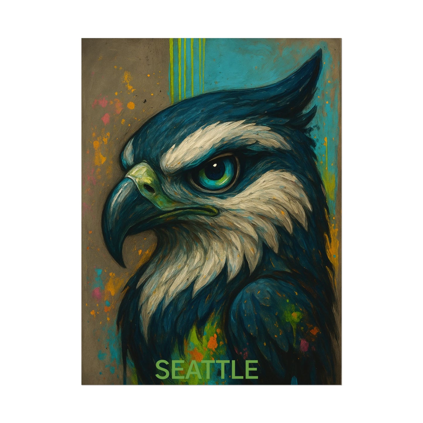 Colorful painting of an eagle with 'Seattle' text on a textured background