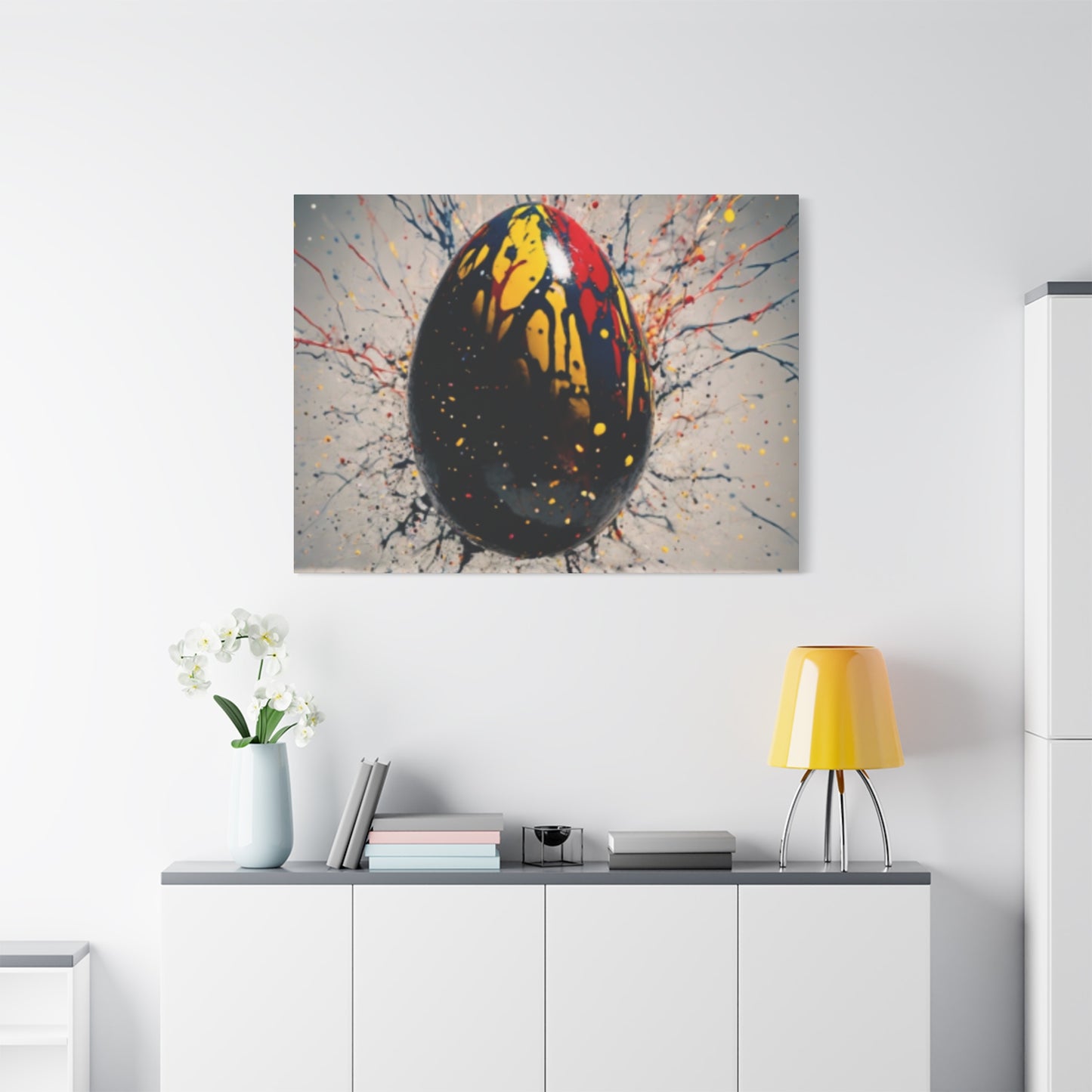 Vibrantly Painted Egg on Canvas | Abstract Paint Splatter Art I Easter Egg Art