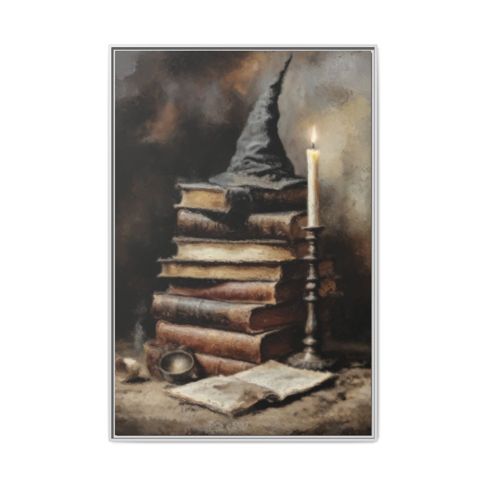 Painting of a wizard's hat on books with a candle, on a white background