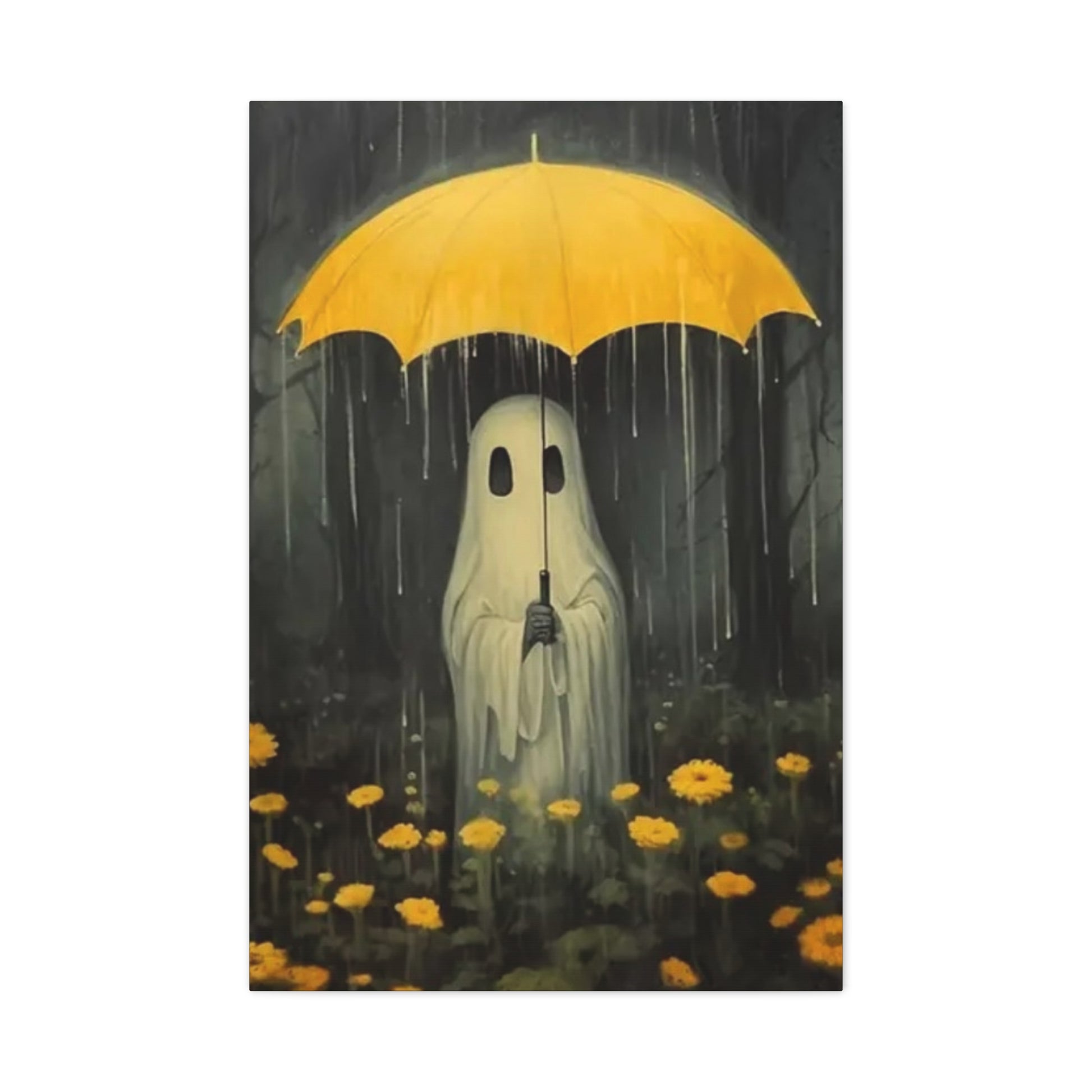 Ghost holding a yellow umbrella in a rain-soaked forest with yellow flowers