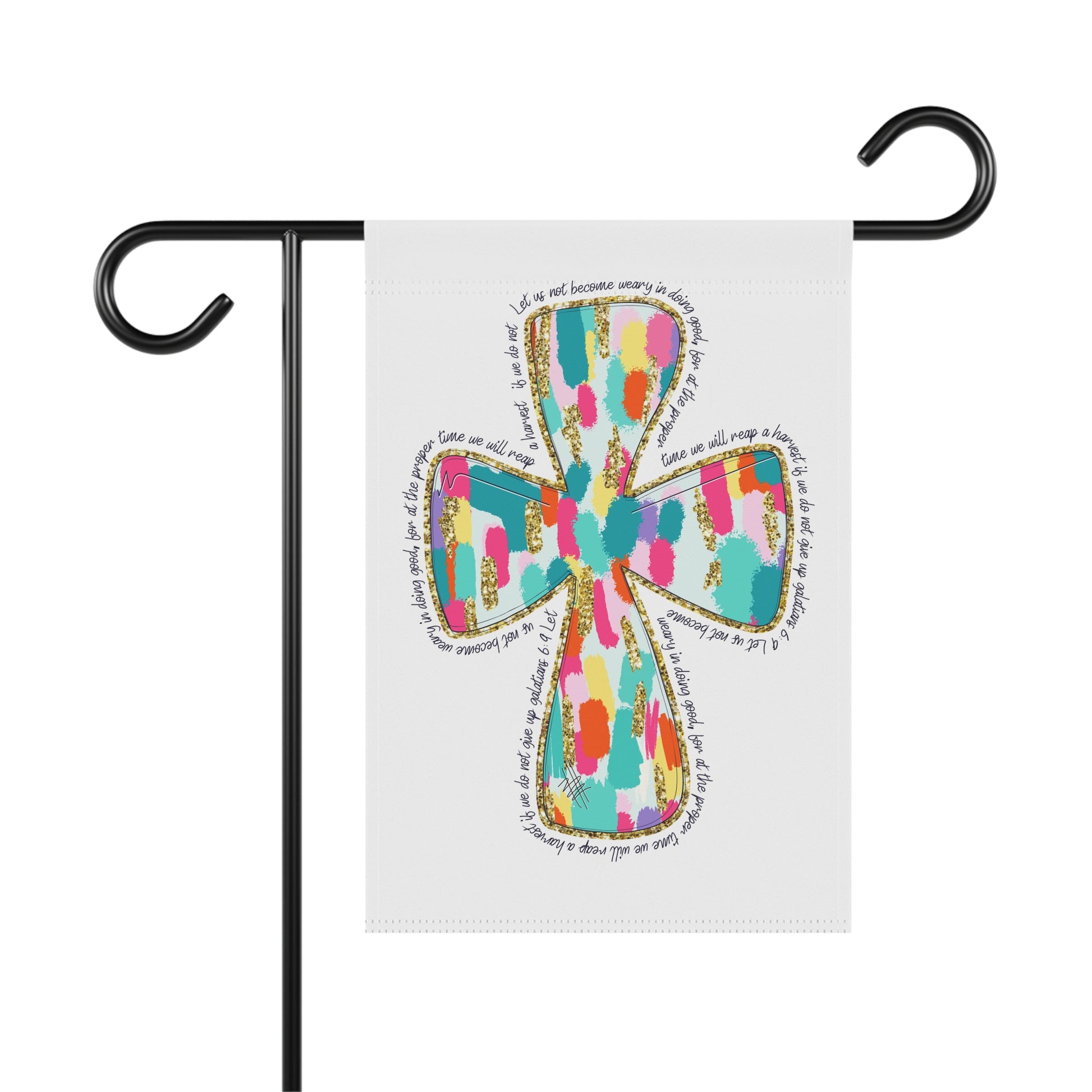 Decorative garden flag with colorful cross design on a white background