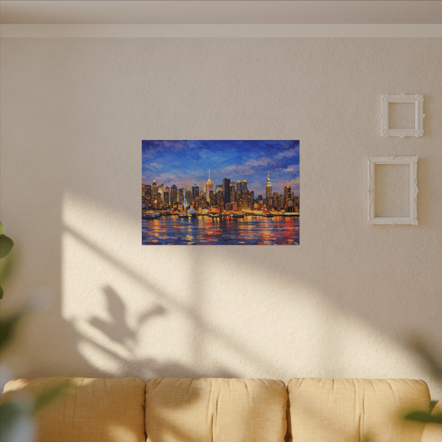 New York City Skyline Canvas Wall Art – Night Waterfront Impasto Cityscape Painting