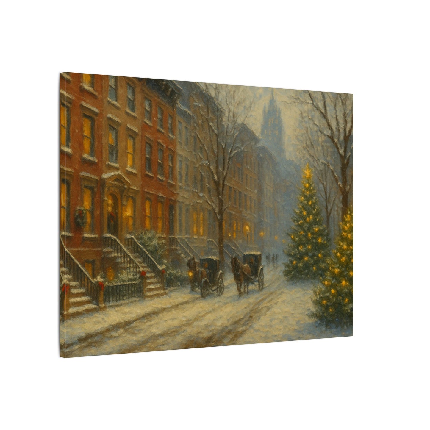Painting of a snowy street scene with horse-drawn carriages and a Christmas tree.