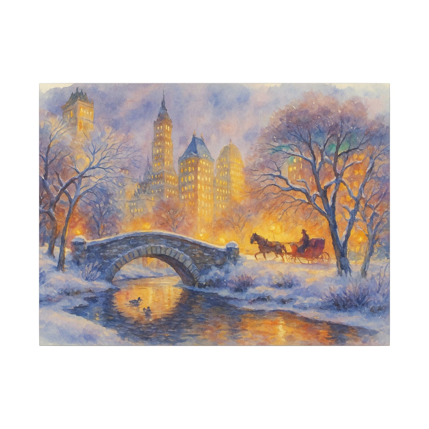 Winter scene with a horse-drawn carriage crossing a bridge over a snowy lake, illuminated by city lights.