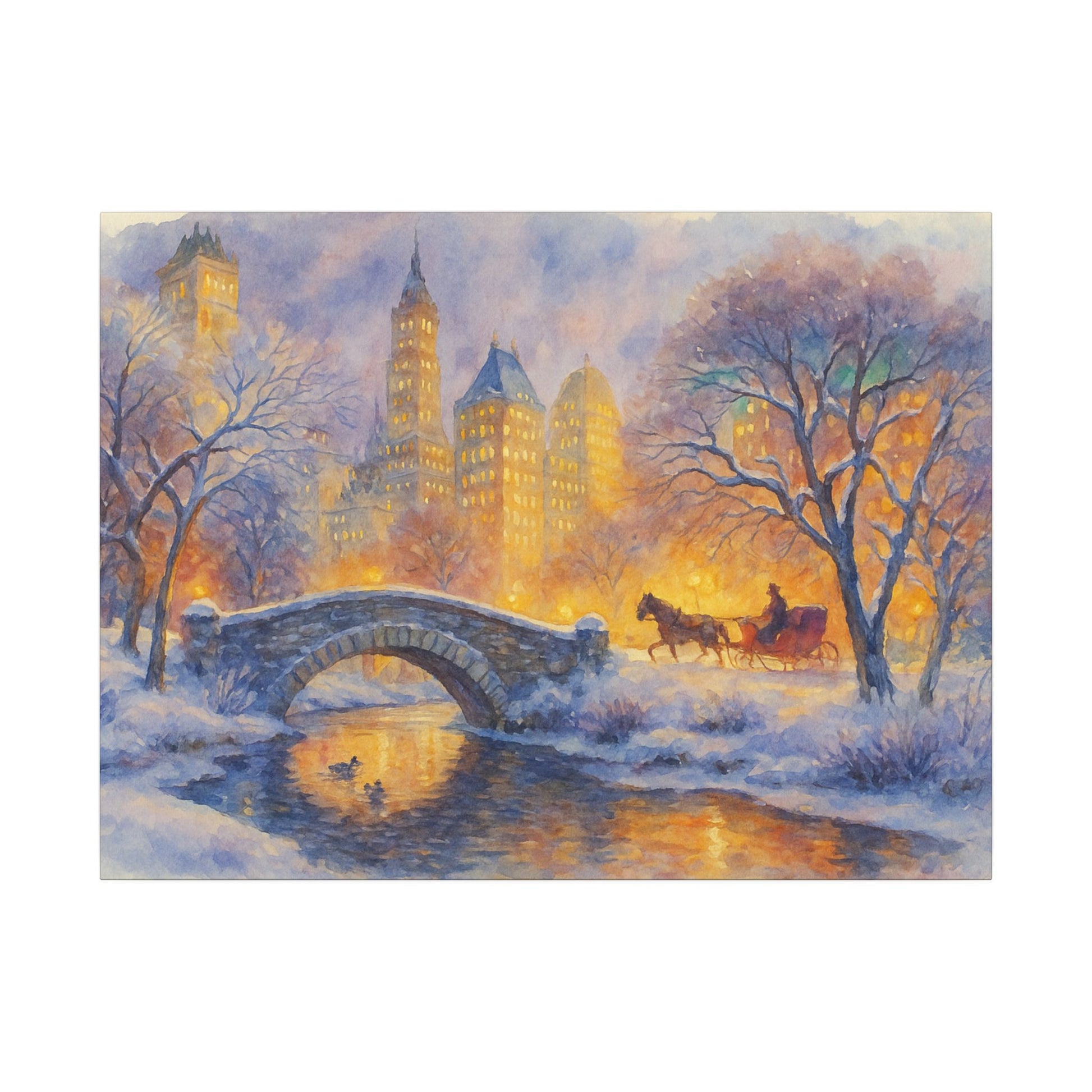 Winter scene with a horse-drawn carriage crossing a bridge over a snowy lake, illuminated by city lights.