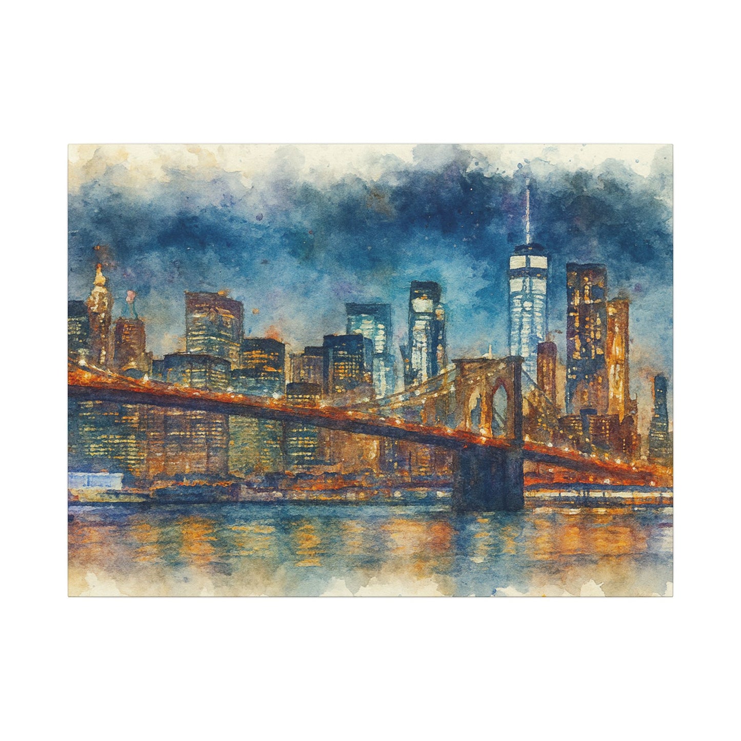 NYC Skyline Watercolor Art Print, Brooklyn Bridge Night Painting, New York City Wall Decor, Skyline Canvas Print, Urban Landscape