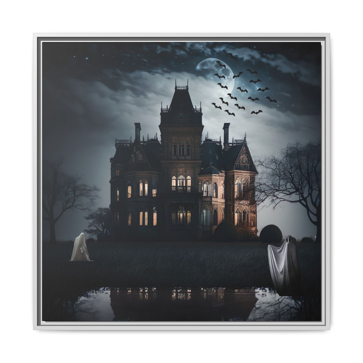 Mansion at night with ghosts and bats, framed artwork