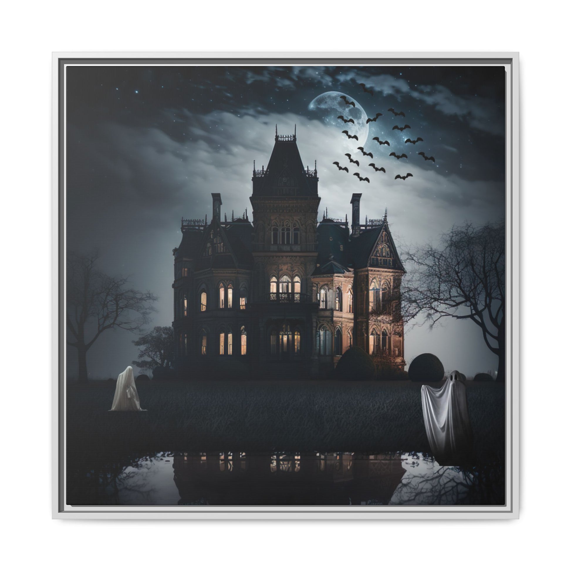 Mansion at night with ghosts and bats, framed artwork