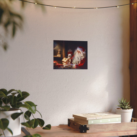Santa's Workshop Poster, Christmas Wall Art of Santa Making Toys, Vintage Holiday Print, Santa Claus in Toy Shop, Festive Christmas Poster