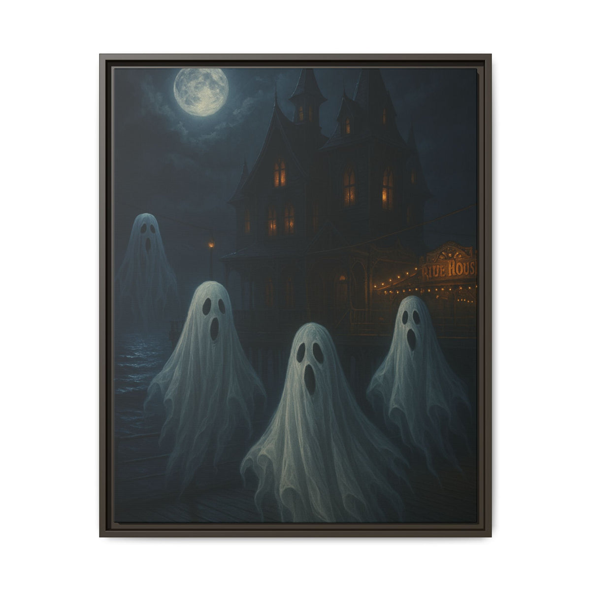 Haunted House Ghost Canvas Wall Art – Spooky Halloween Framed Art, Vintage Horror Decor, Gothic Night Scene Print