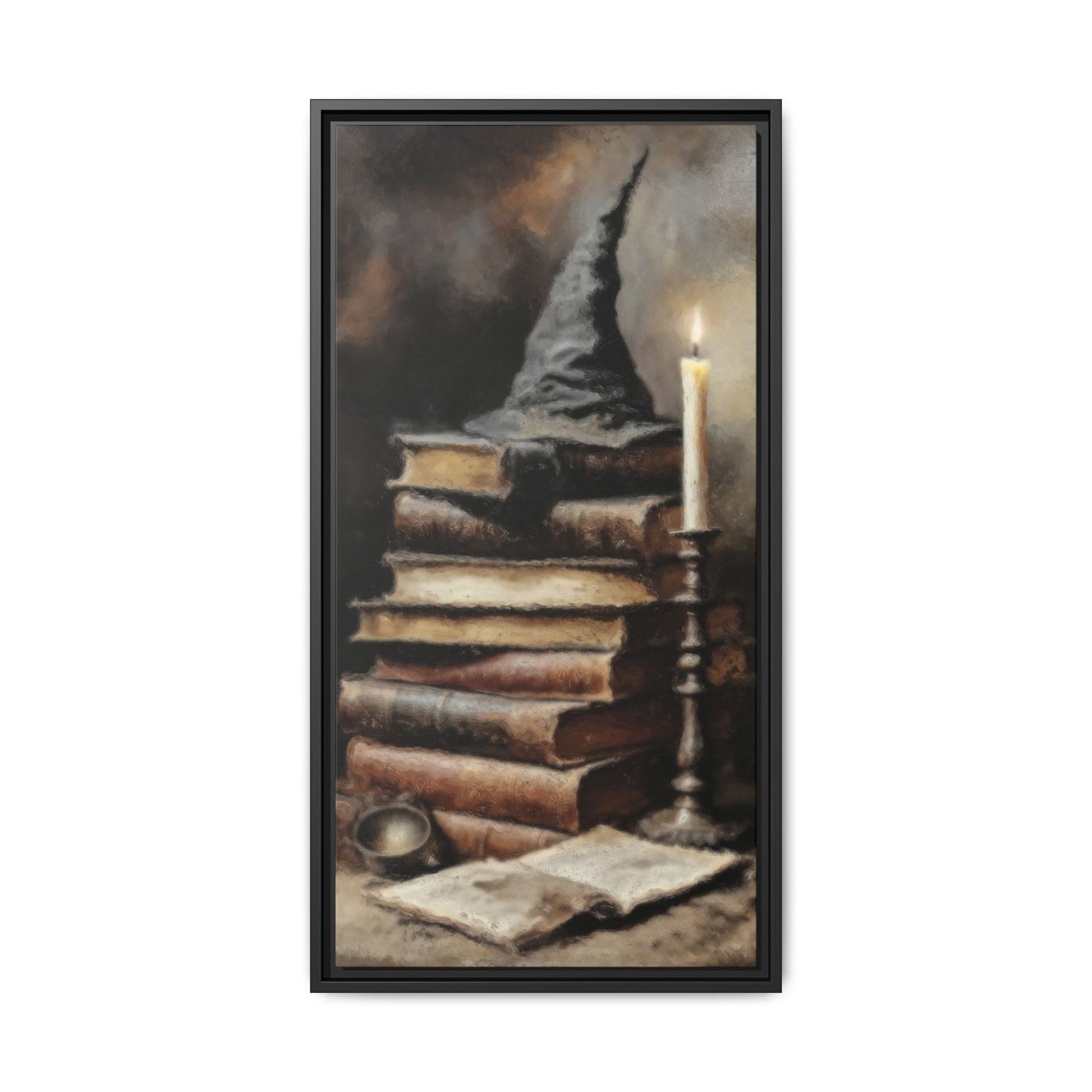 Framed artwork of a wizard's hat on books with a candle, on a white background