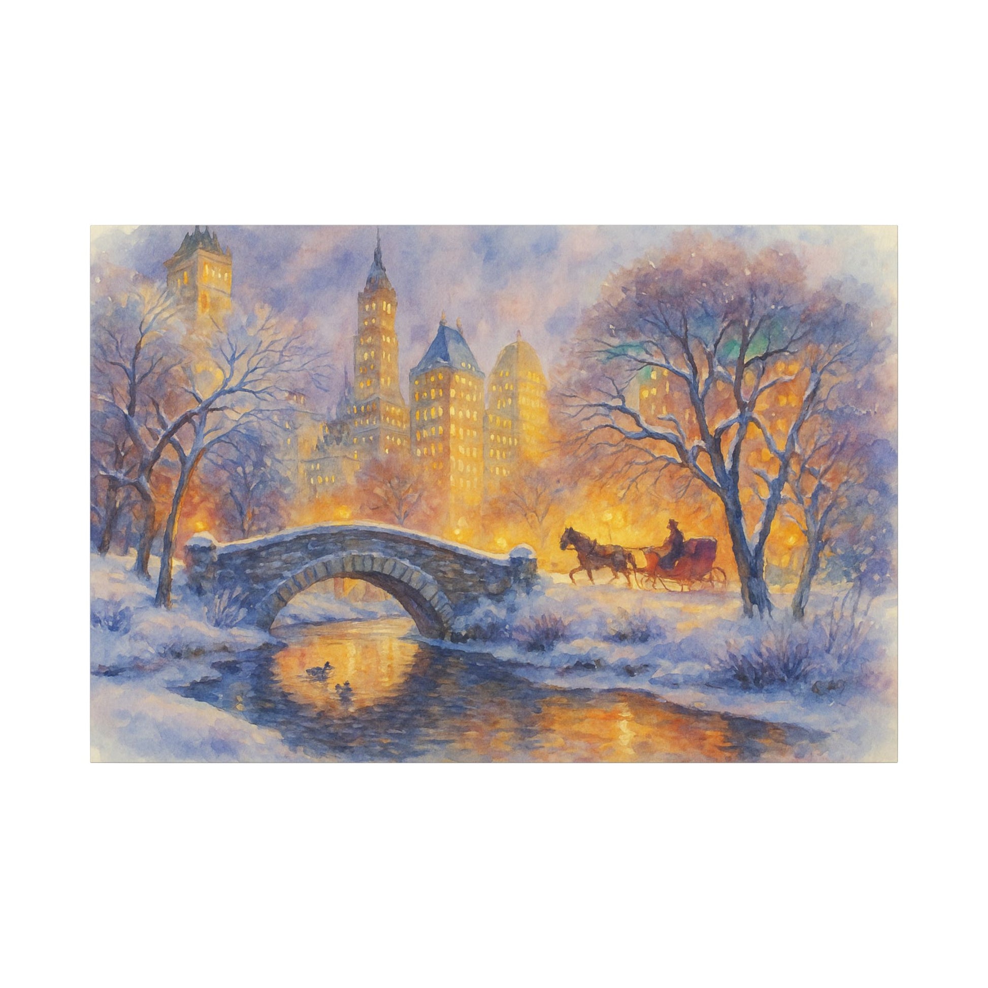 Winter scene with a bridge, horse-drawn carriage, and illuminated buildings.