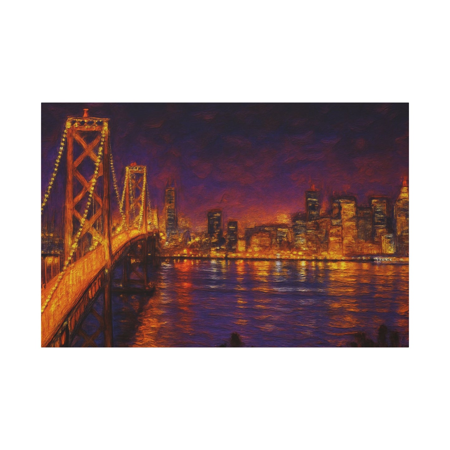 City skyline with a bridge at night, illuminated by lights.