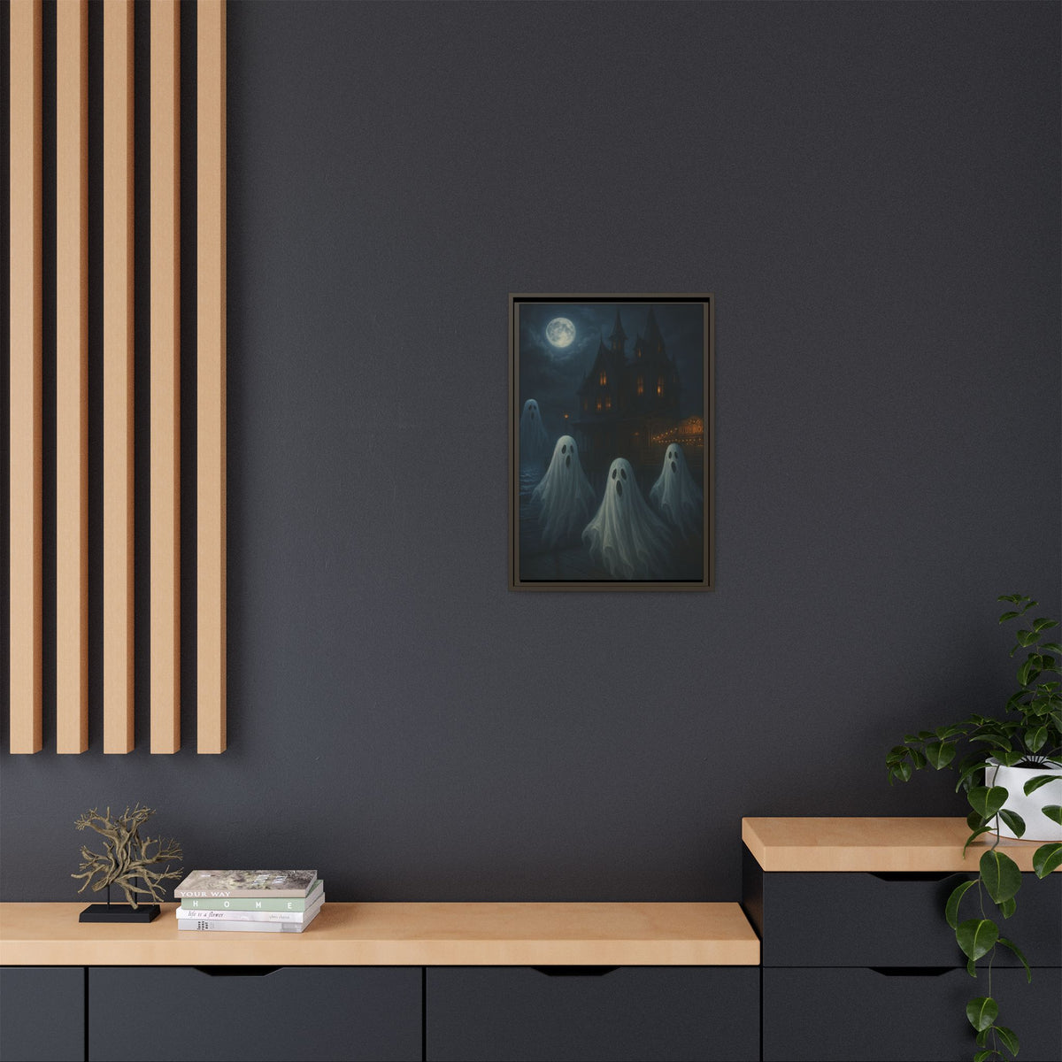 Haunted House Ghost Canvas Wall Art – Spooky Halloween Framed Art, Vintage Horror Decor, Gothic Night Scene Print