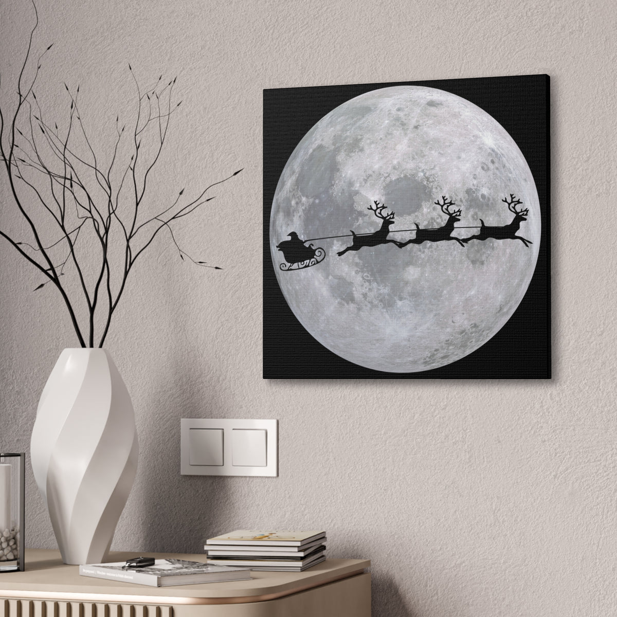 Santa Sleigh Silhouette Canvas - Moonlit Christmas Wall Art