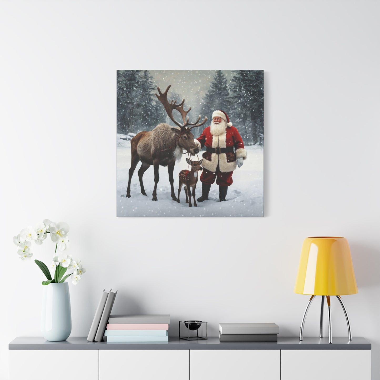 Santa with Reindeer Christmas Wall Art Canvas | Festive Holiday Home Decor