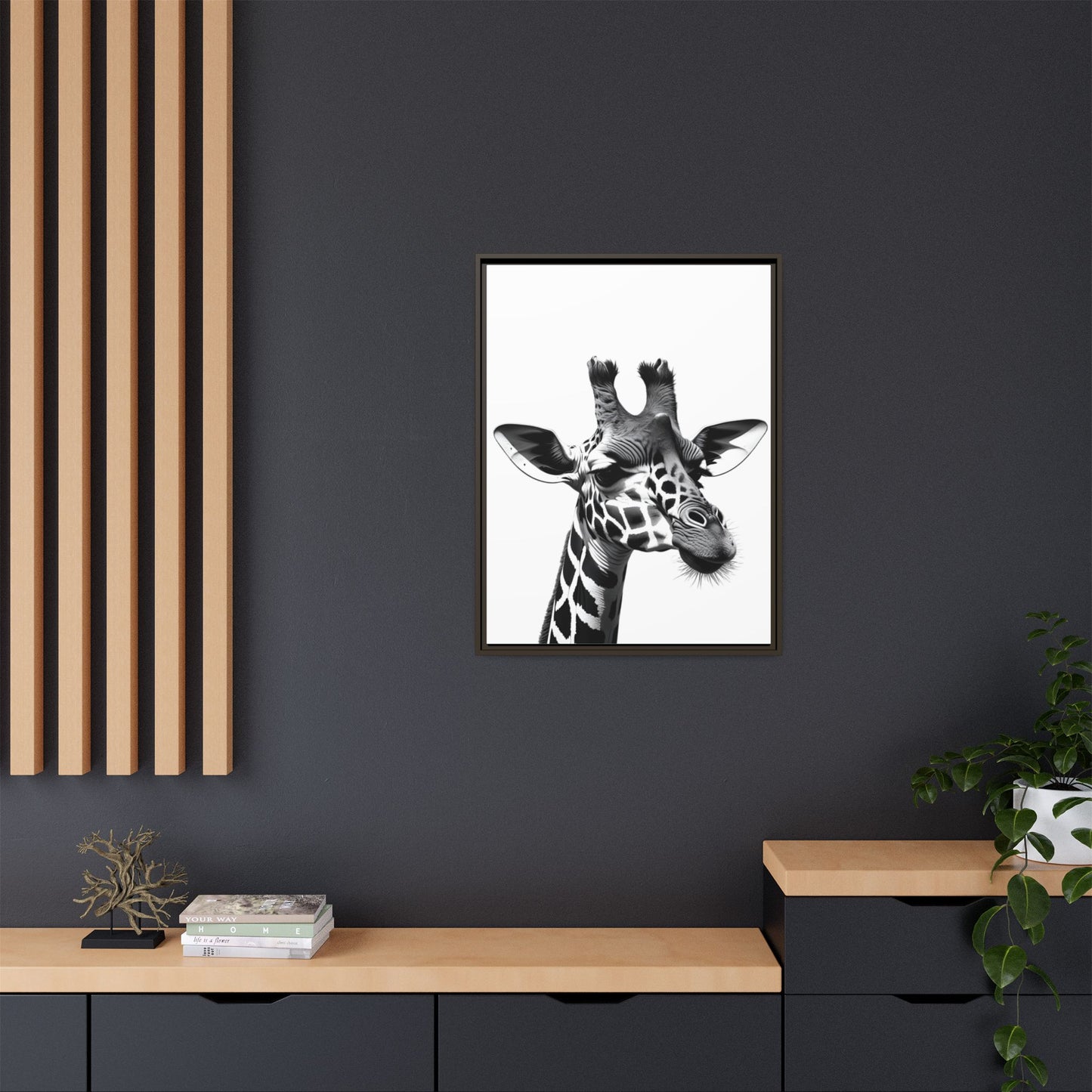 Black and White Giraffe Wall Art – Framed Safari Animal Canvas Print
