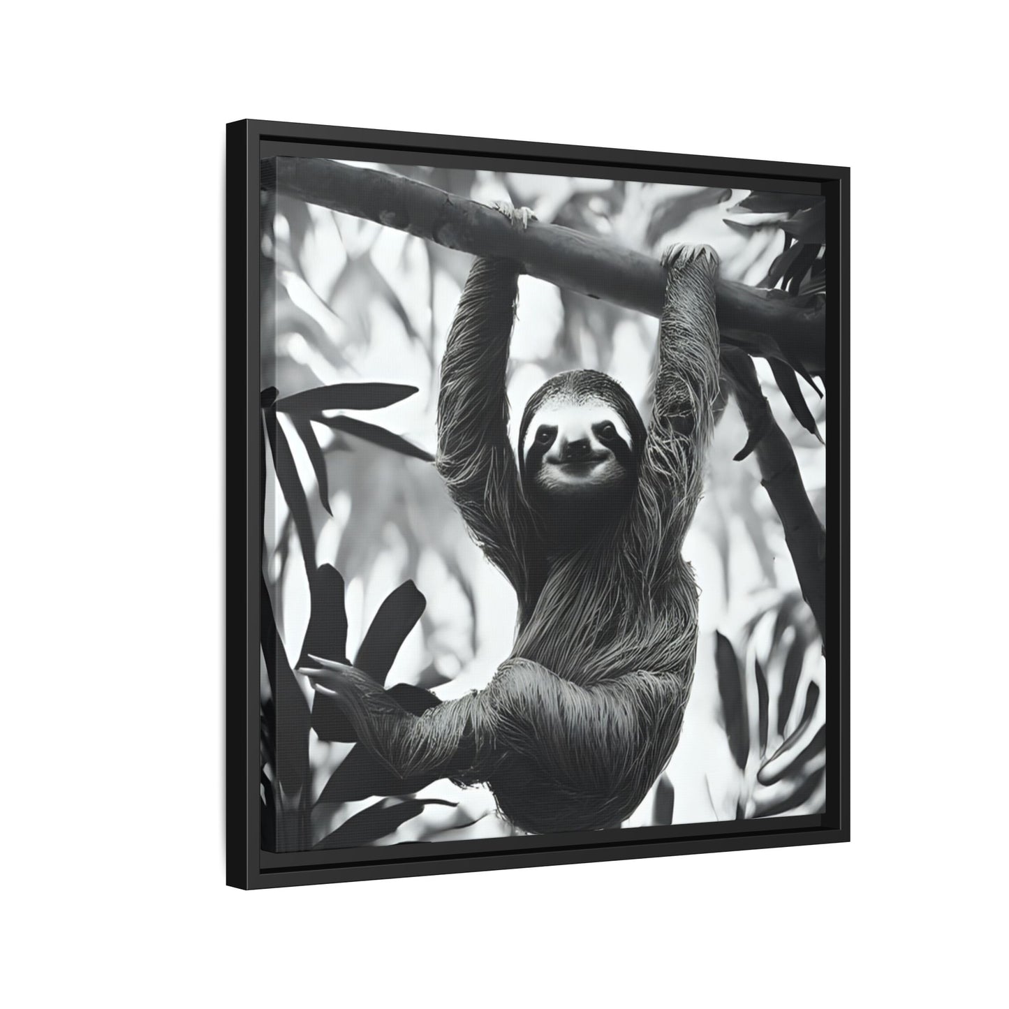 Playful Sloth Hanging from Tree Branch Black & White Animal Wall Art, Cute Sloth Photography Print, Jungle Theme Home Deco