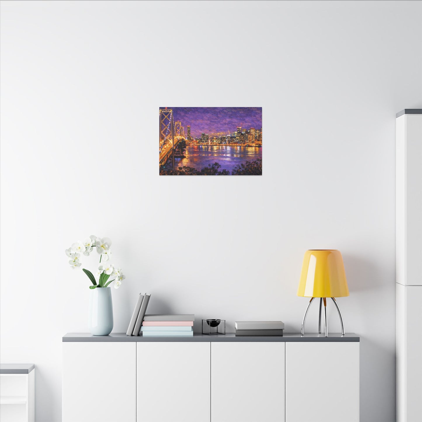 San Francisco Skyline Canvas Wall Art, Bay Bridge Night Painting, Impasto Style Artwork