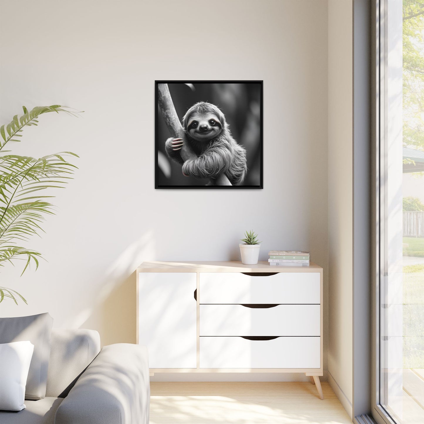 Framed black and white sloth artwork on a wall above a white cabinet.
