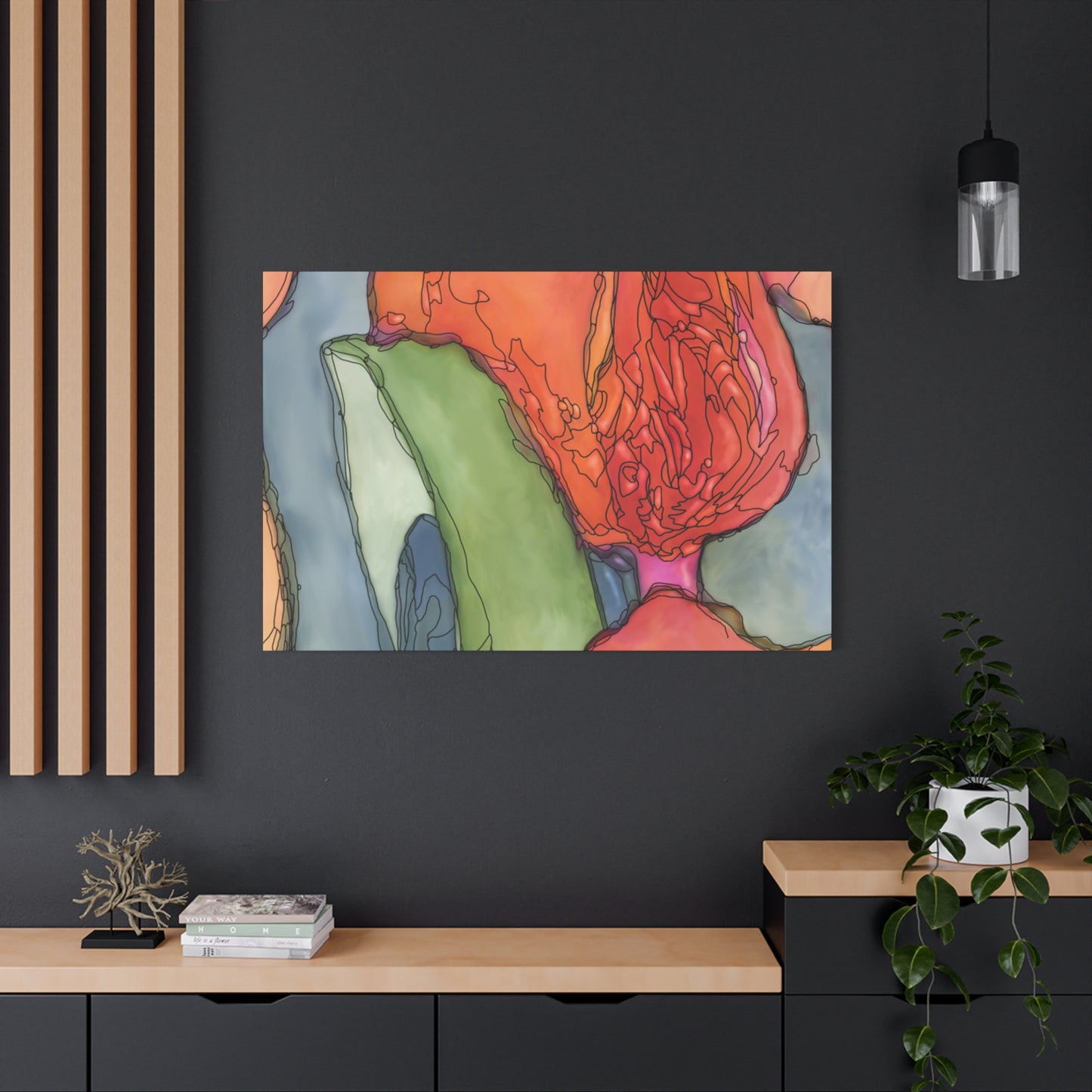 Colorful abstract painting on a dark wall with wooden shelves and decor.