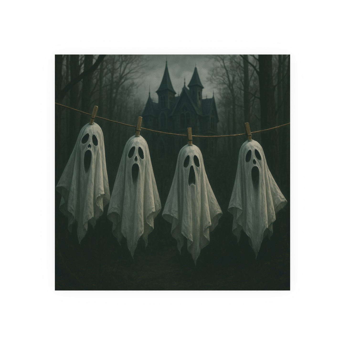 Four ghostly figures hanging on a line with a spooky castle in the background