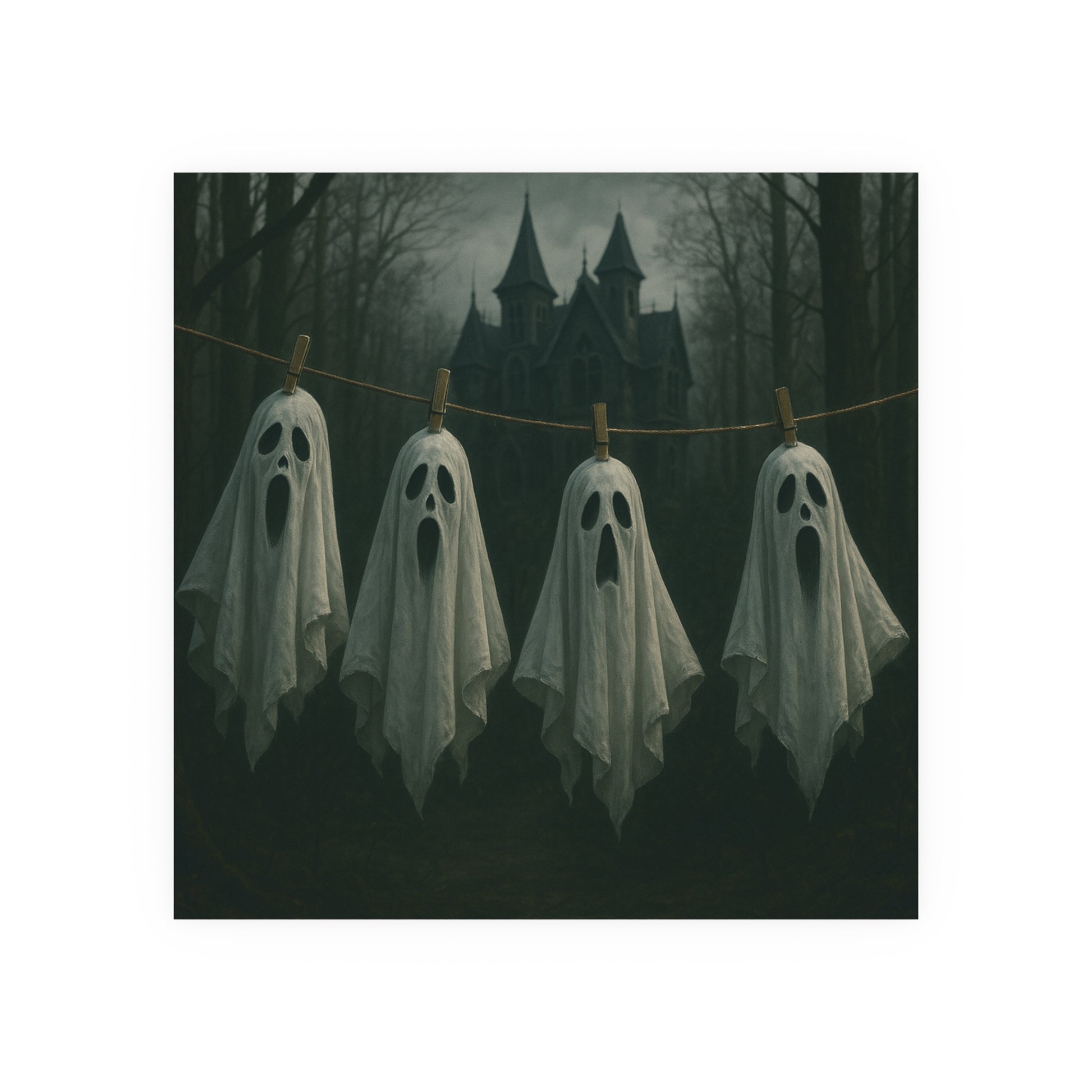 Four ghostly figures hanging on a line with a spooky castle in the background
