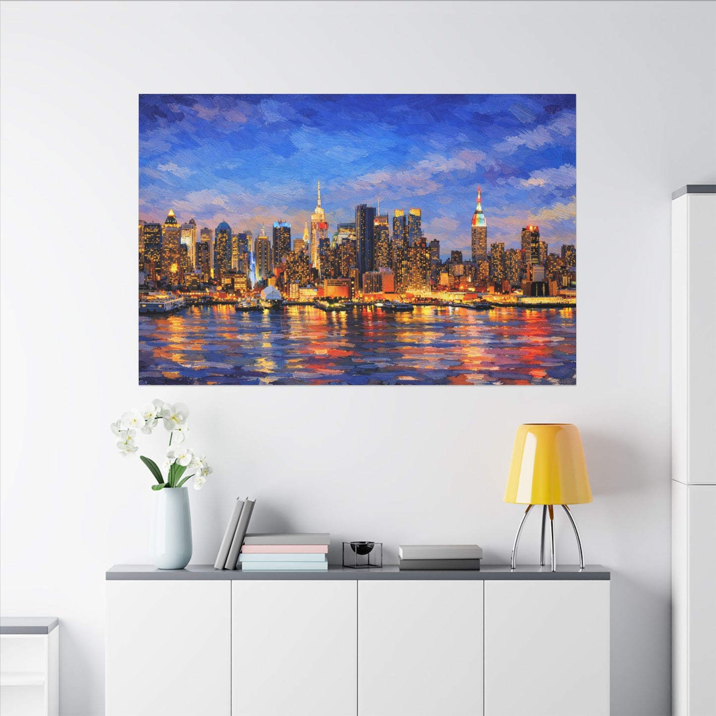 New York City Skyline Canvas Wall Art – Night Waterfront Impasto Cityscape Painting