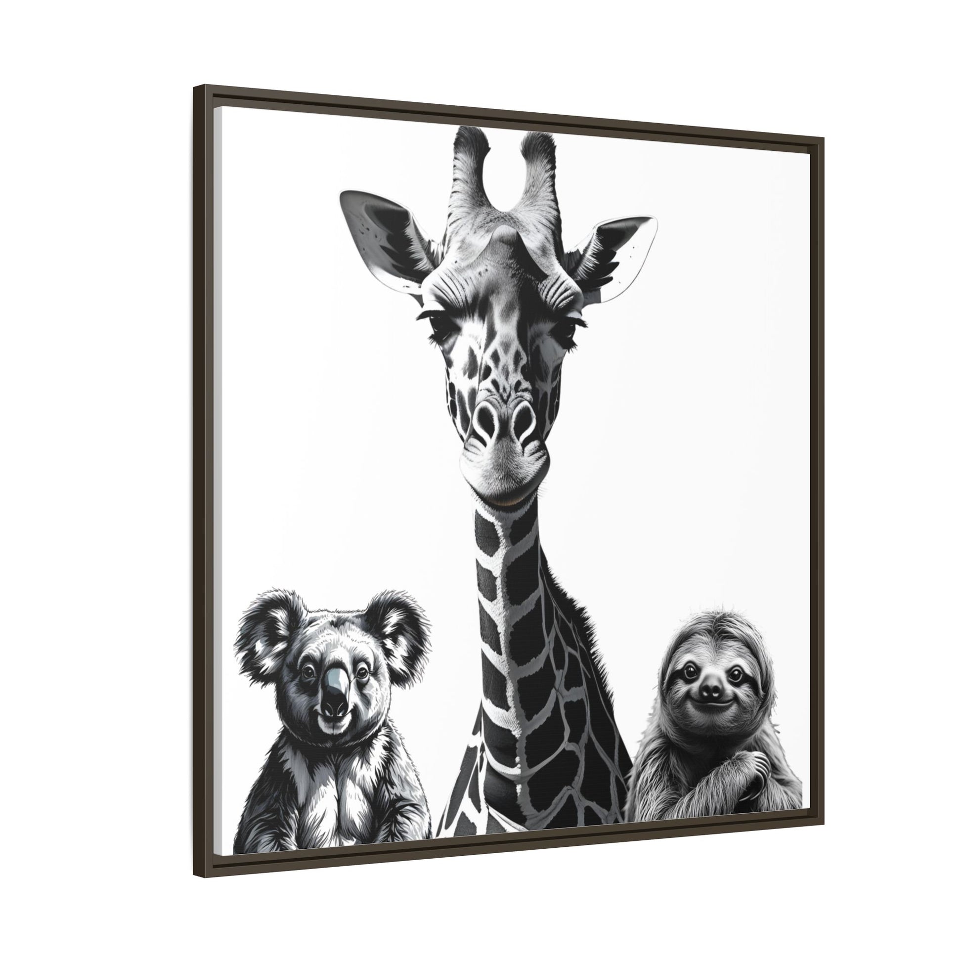 Framed artwork with a giraffe and two animals on a white background