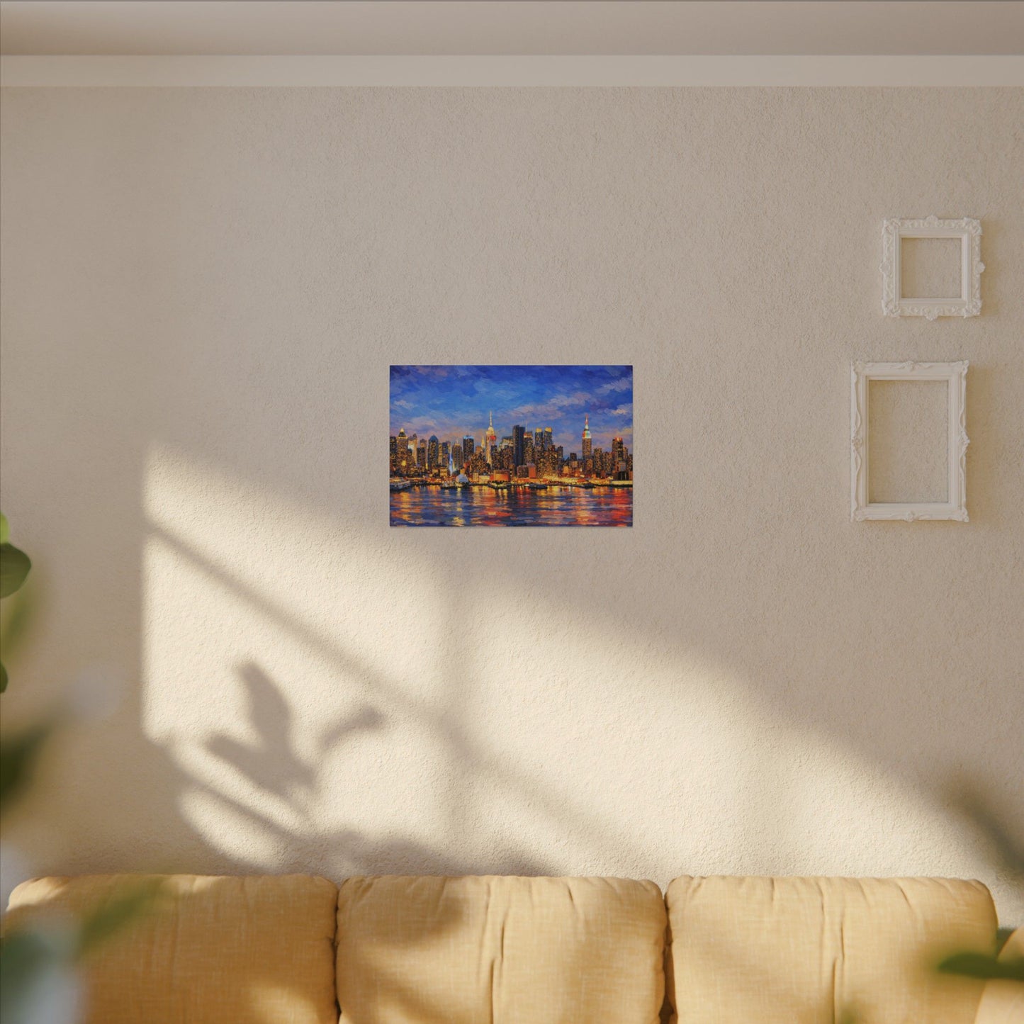 New York City Skyline Canvas Wall Art – Night Waterfront Impasto Cityscape Painting