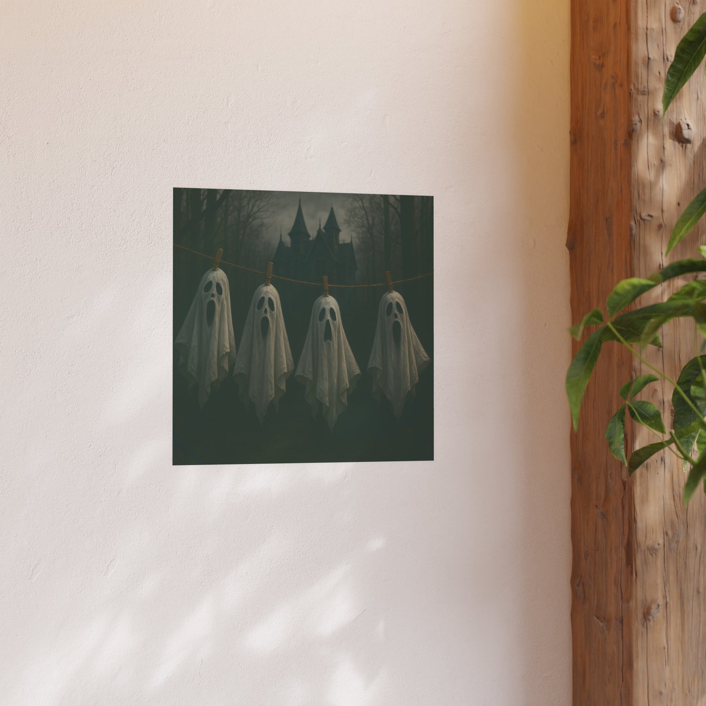 Poster of ghostly figures on a wall next to a wooden panel and plant.