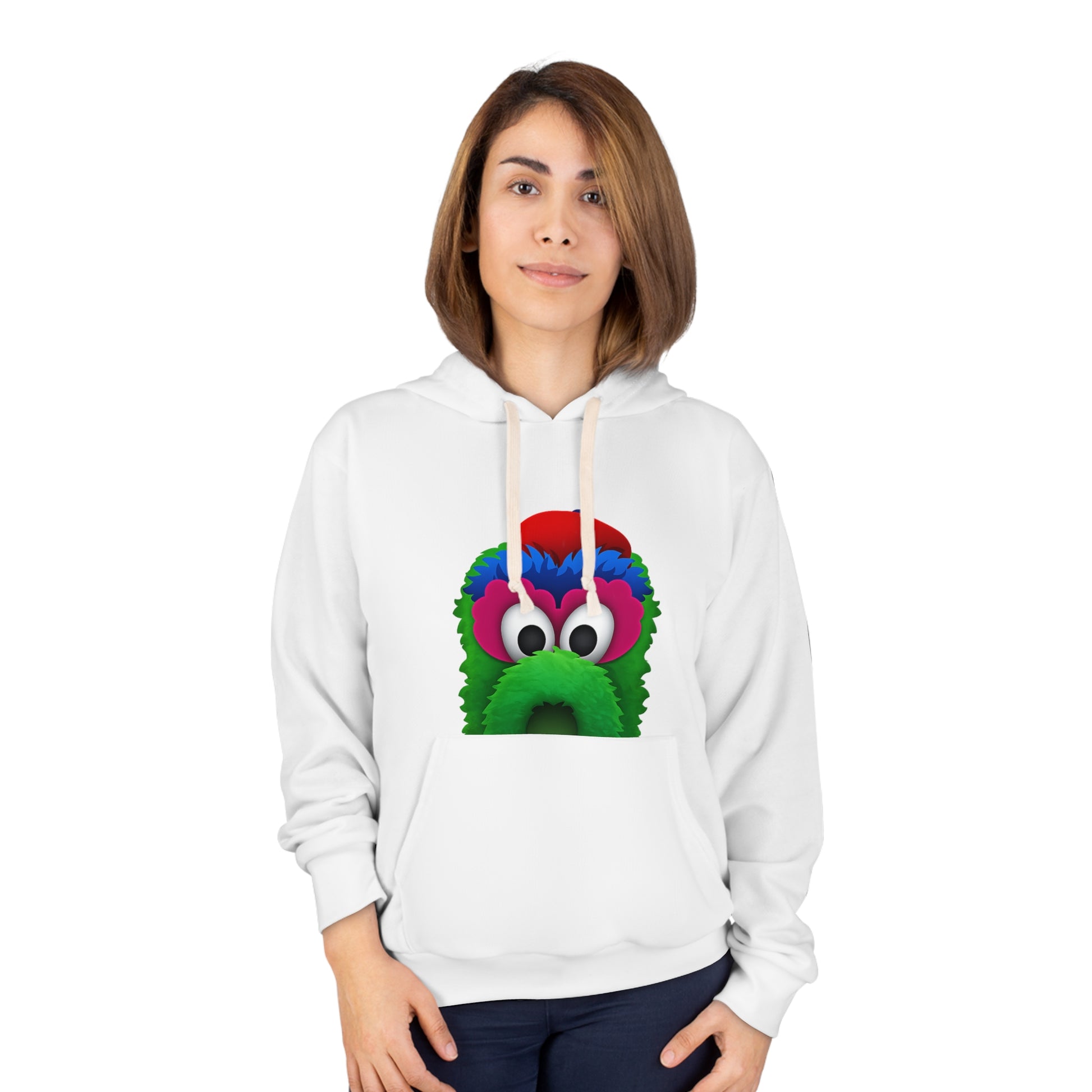 Person wearing a white hoodie with a colorful graphic design on a white background