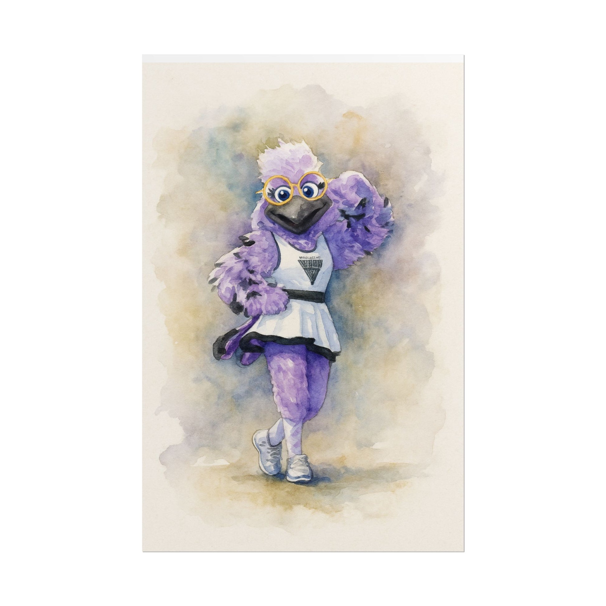 Violet Raven  mascot with glasses and a white outfit on a watercolor background