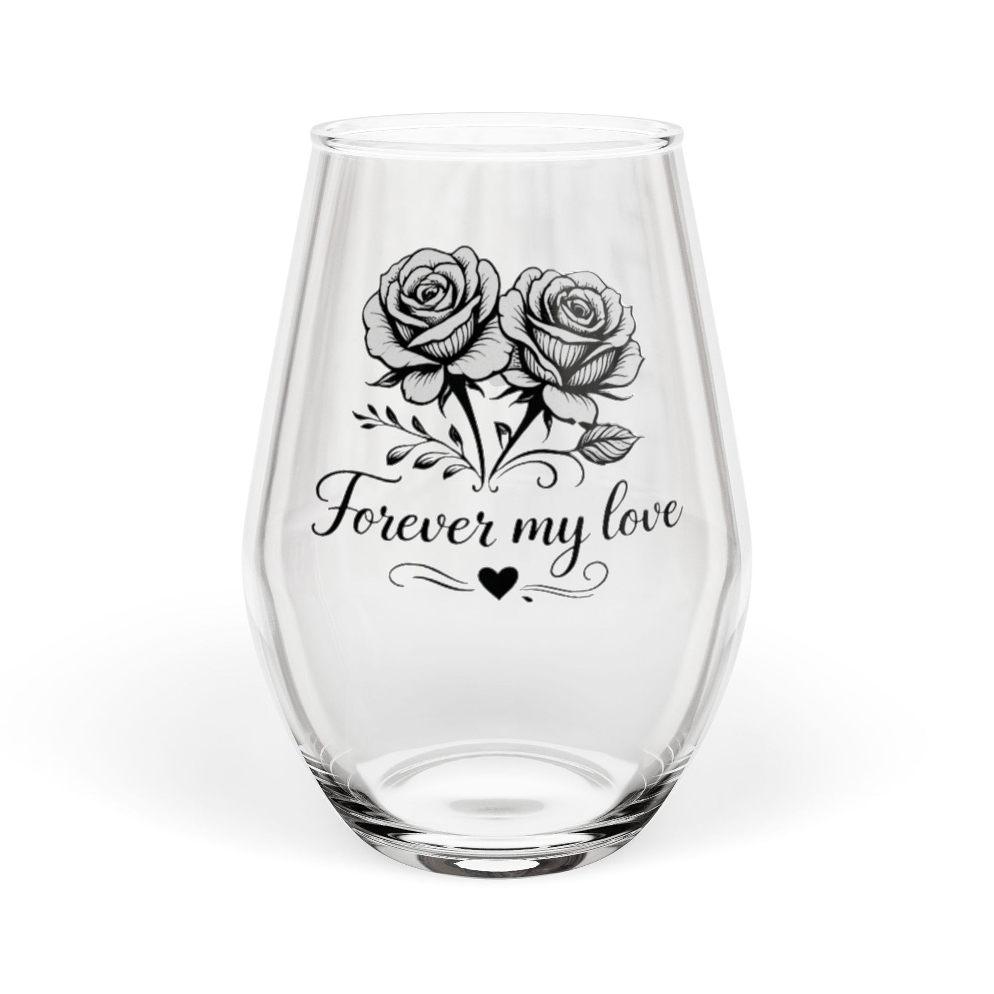 Clear glass with roses and 'Forever my love' text on a white background