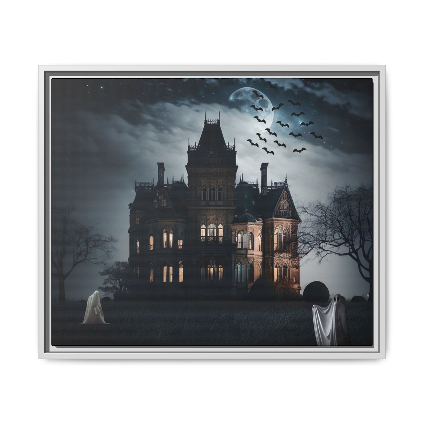 Mansion with ghostly figures under a moonlit sky