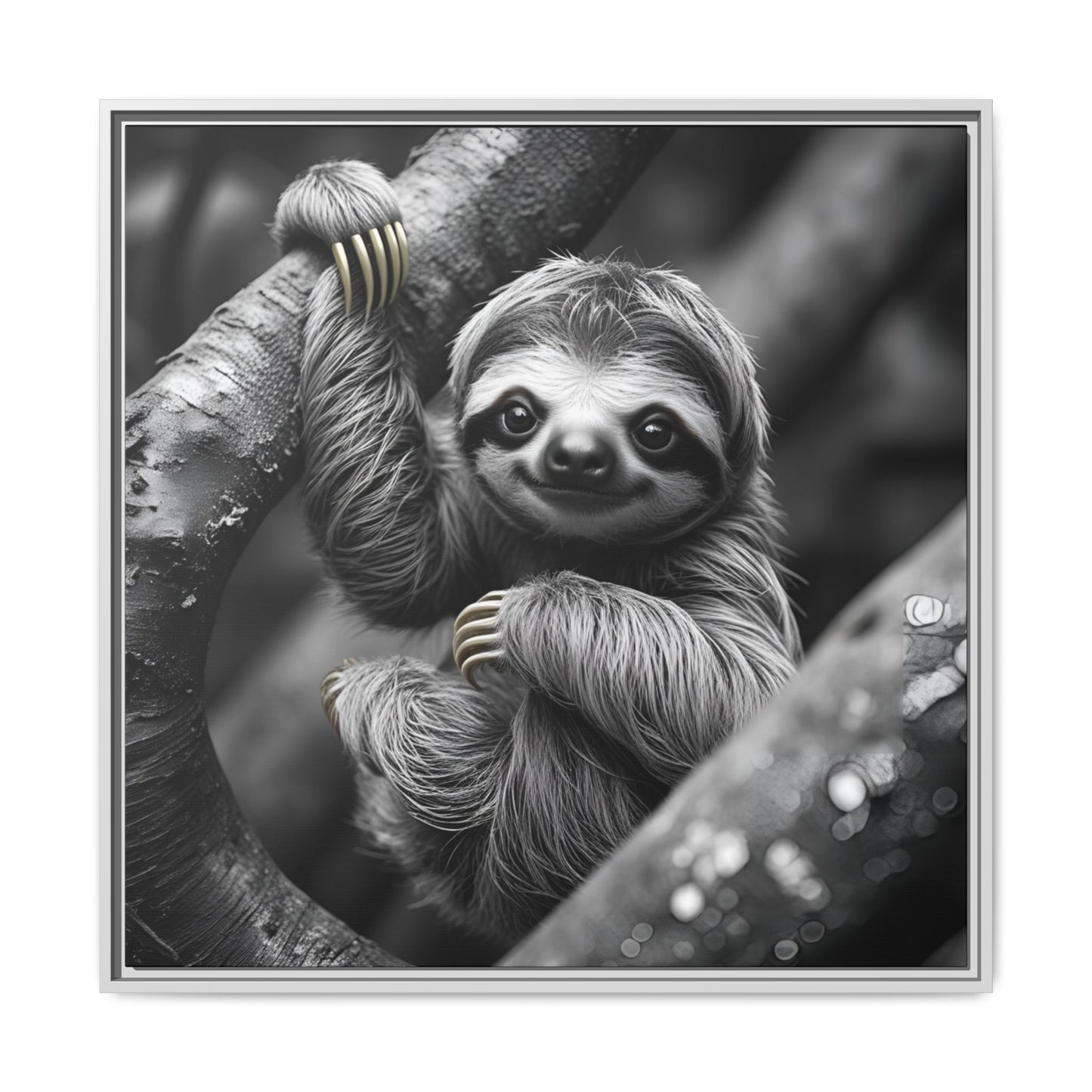 Smiling Sloth Hanging on Tree Branch Wall Art on Framed Canvas, Sloth Lover Gift, Nursery Decor, Wildlife Artwork