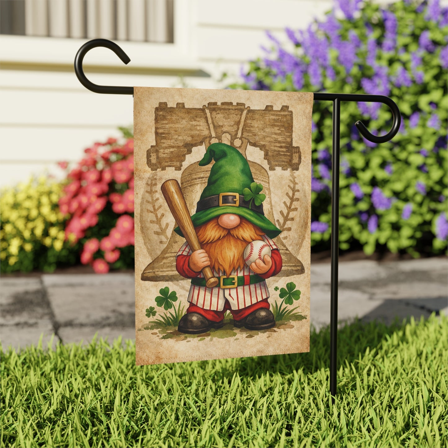 St Patrick’s Day Gnome Garden Flag – Irish Baseball Gnome with Liberty Bell & Shamrocks | Green Outdoor Decor