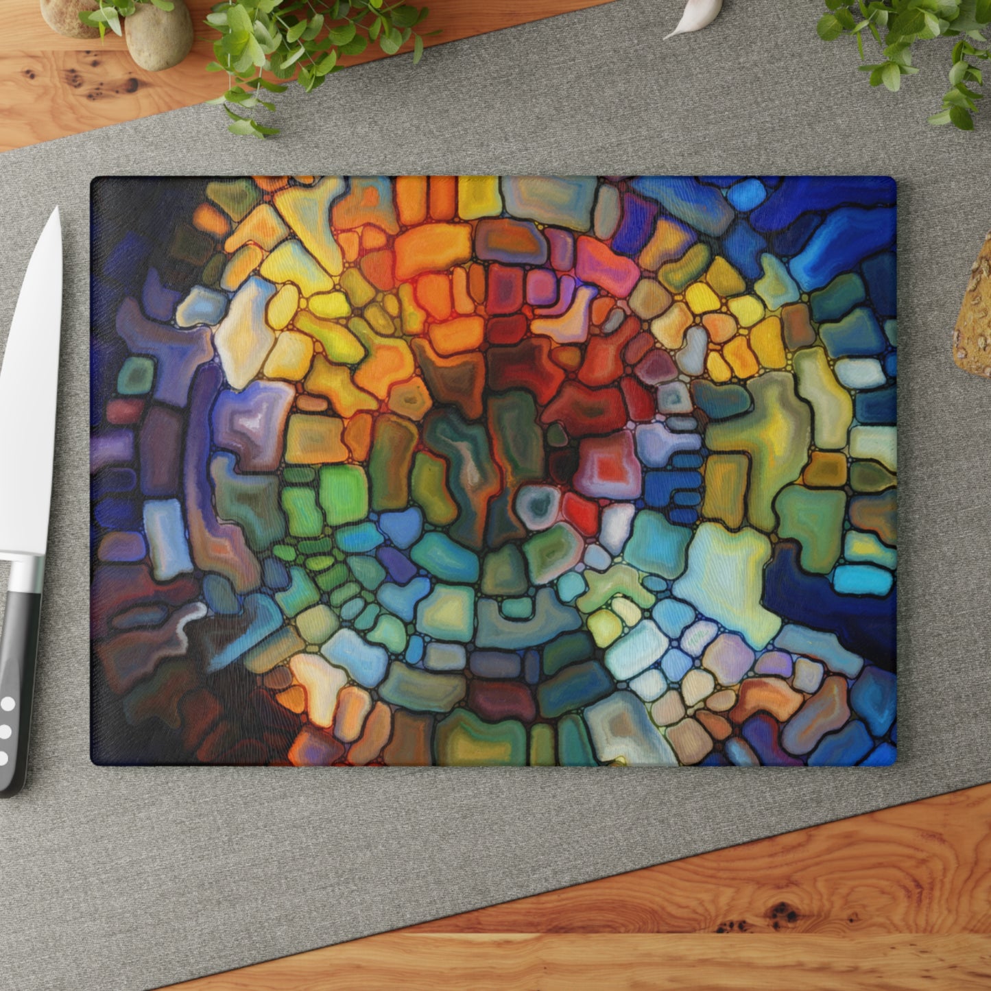 Stained Glass Mosaic Spiral Glass Cutting Board | Colorful Abstract Kitchen Decor