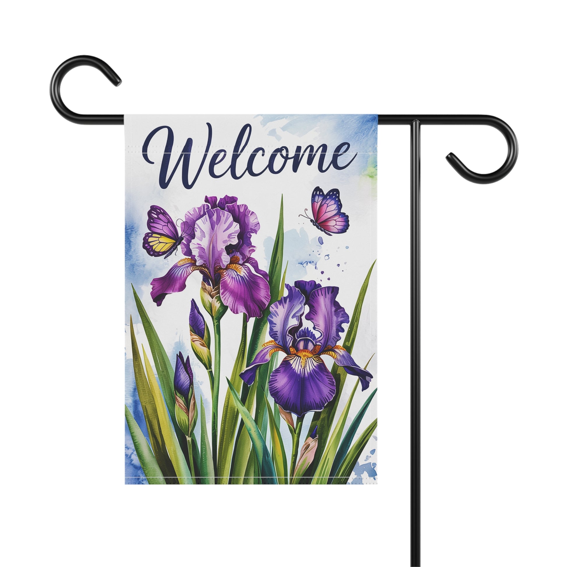 Decorative garden flag with purple irises and butterflies and the word 'Welcome' on a white background.