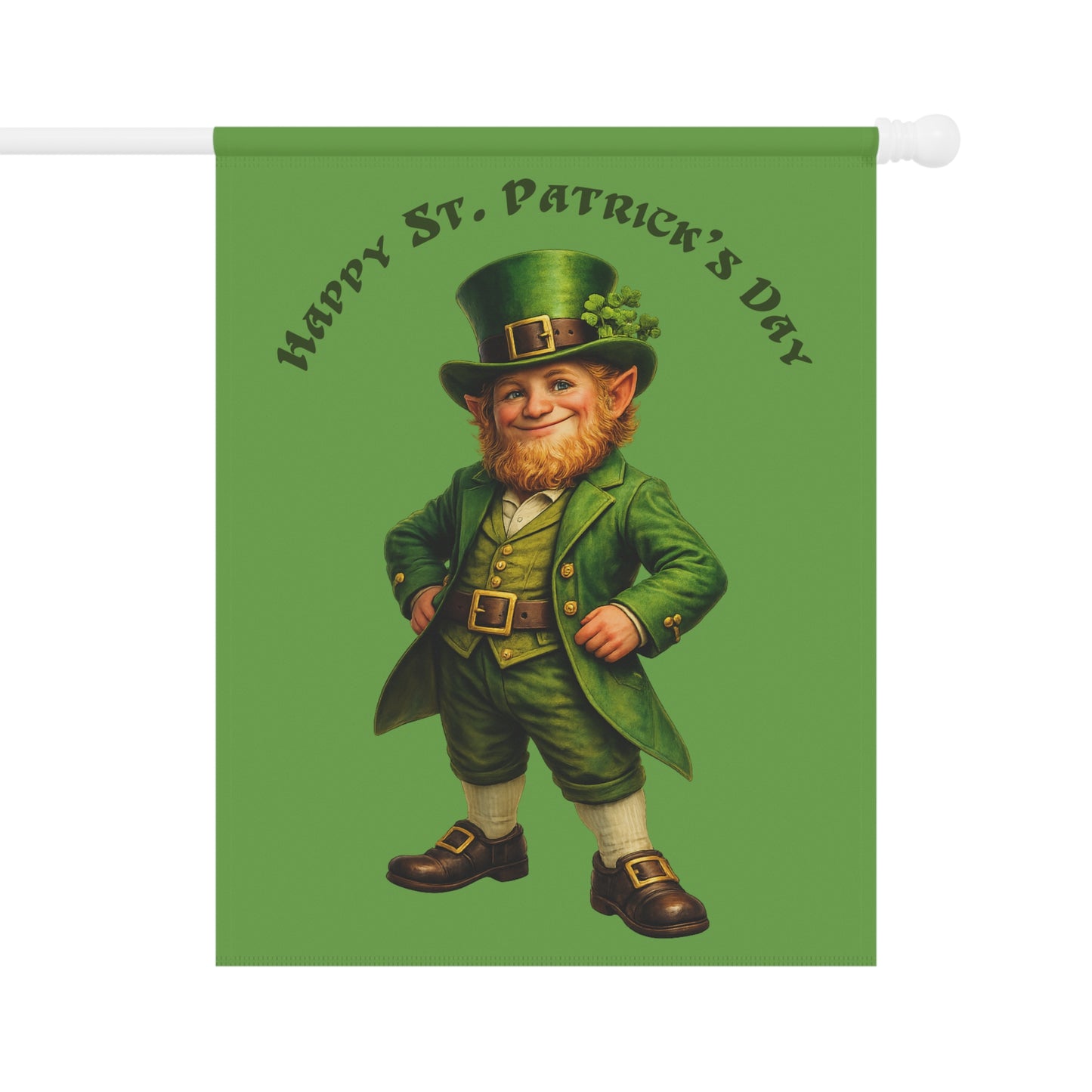 St. Patrick's Day flag with a leprechaun design on a green background