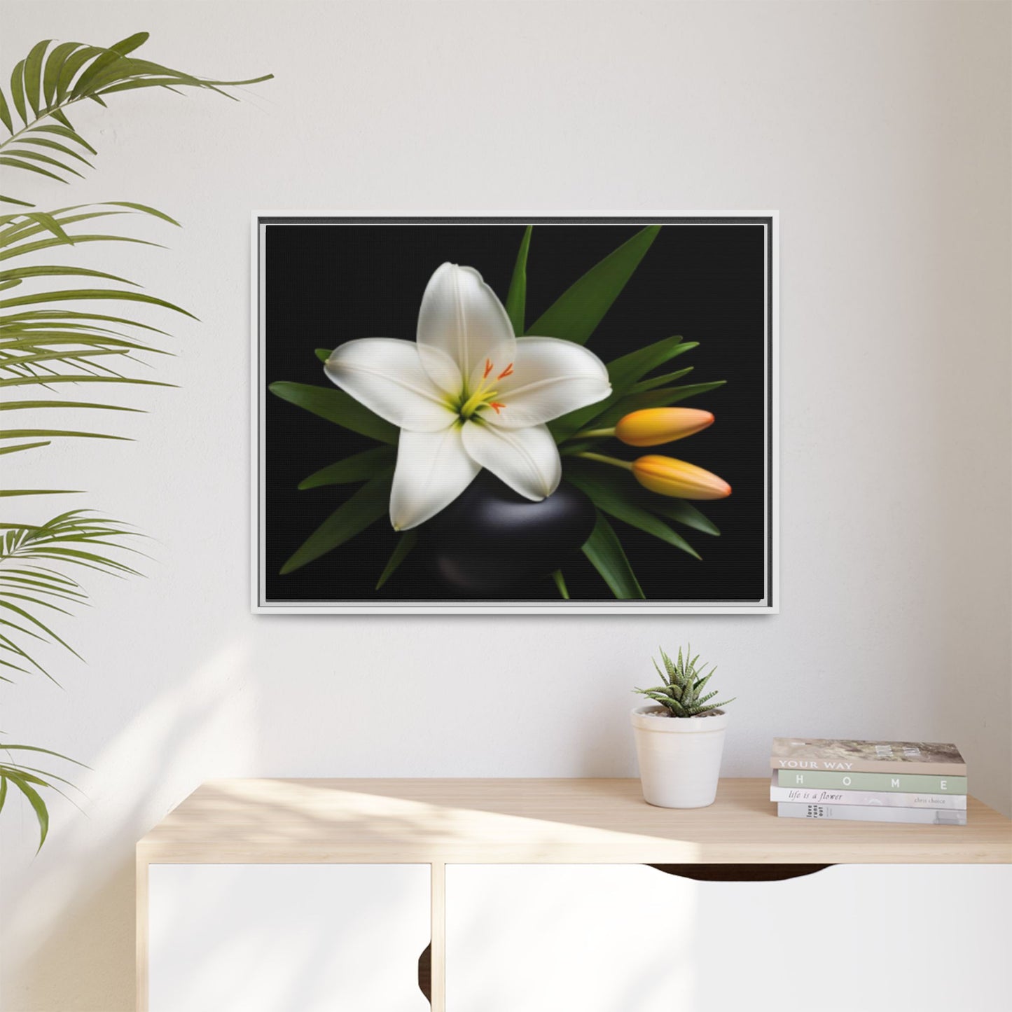 White Lily Wall Art Canvas Print Framed | Elegant Floral Wall Decor for Bedroom, Living Room, Bathroom