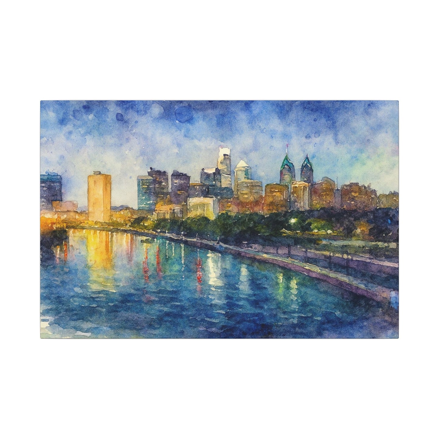City skyline reflected in water with a blue sky