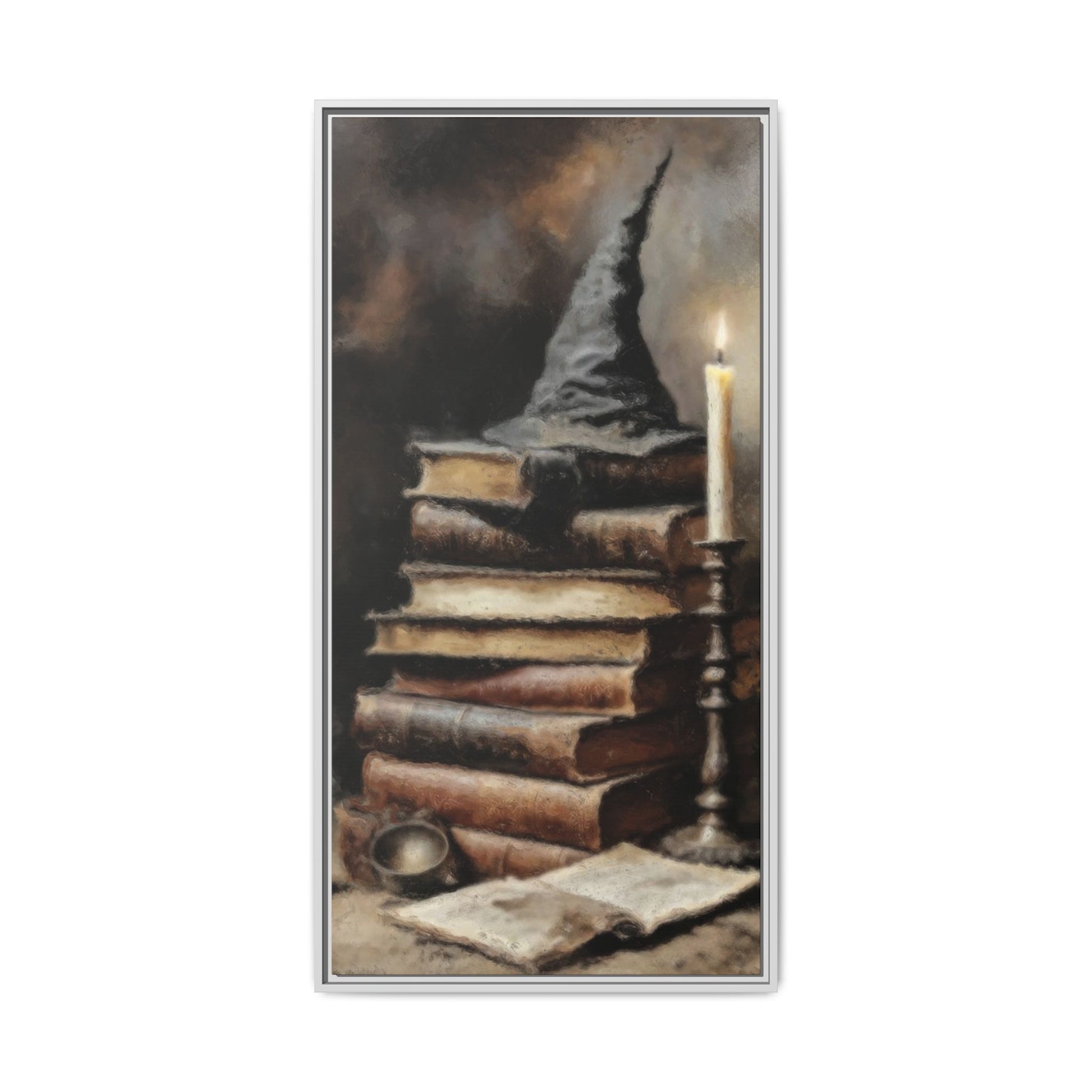 Stack of old books with a pointed hat and a candle on a white background